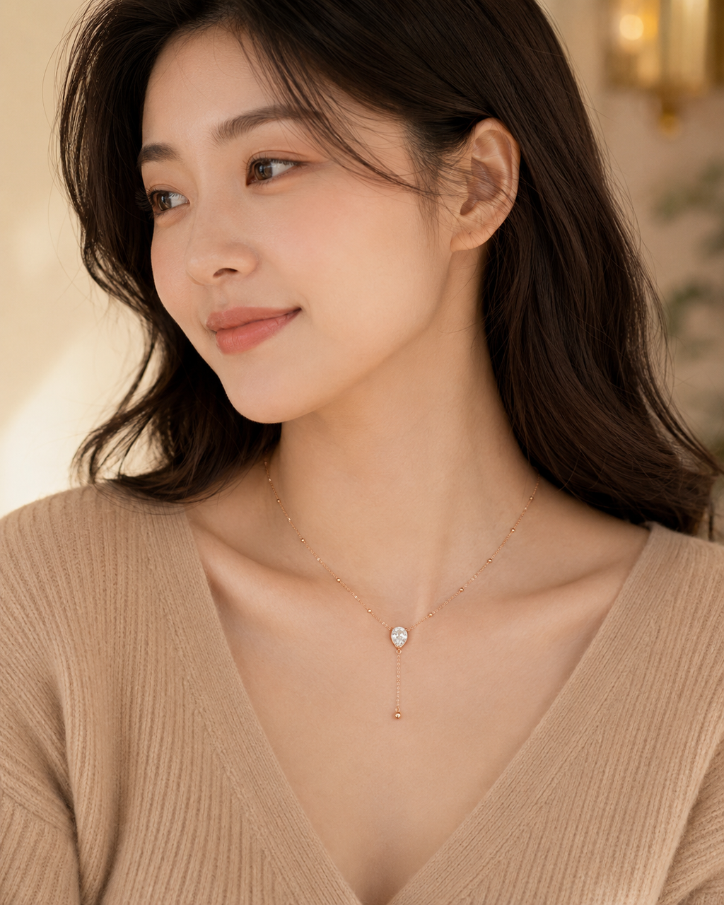 Pear-Cut 1.0ct Diamond Lariat Necklace | 18K Solid Rose Gold