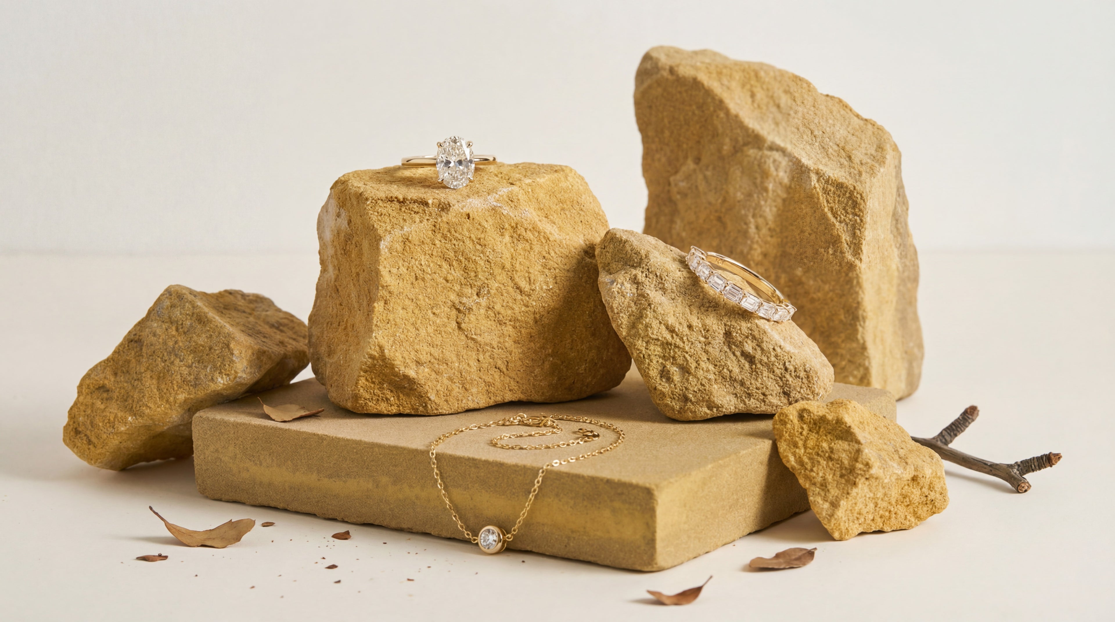 Gold jewelry displayed on rough stone blocks with a neutral background
